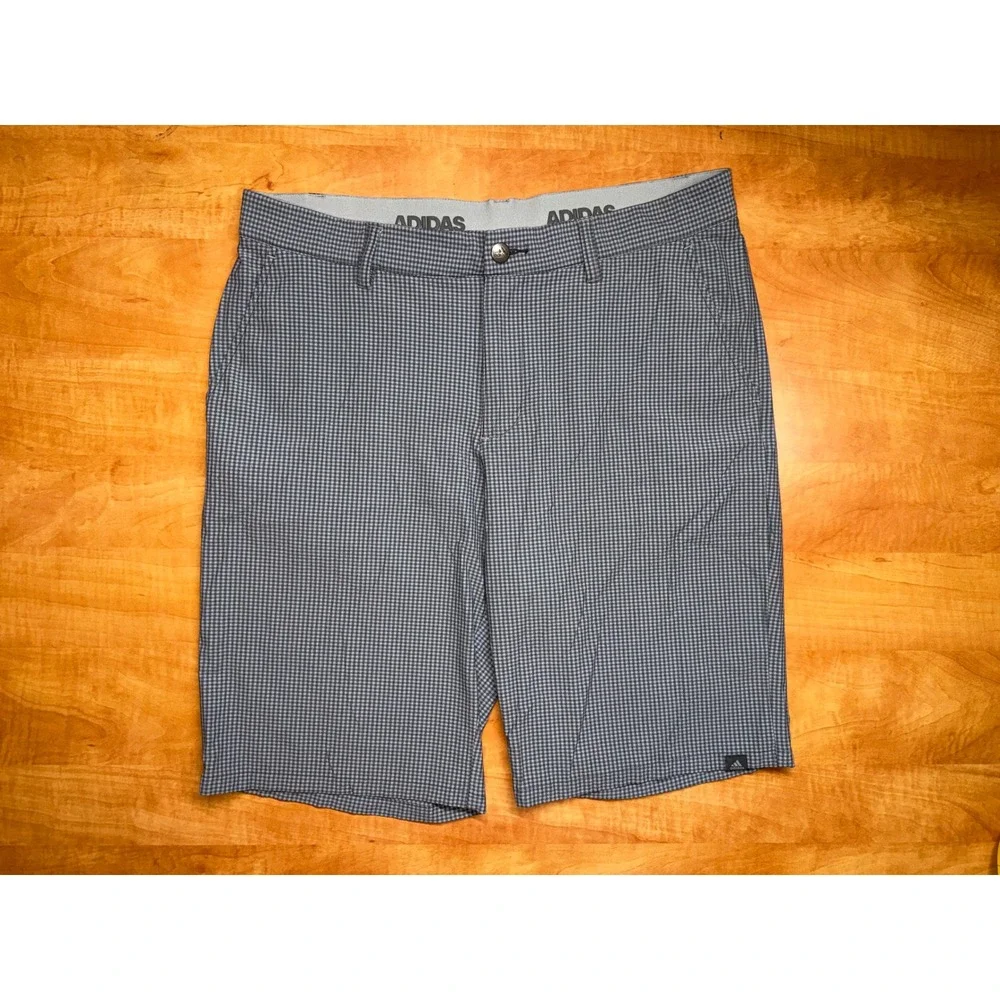 Adidas Golf Mens Gingham Shorts Navy Blue White Plaid Sz 33 Performance Stretch